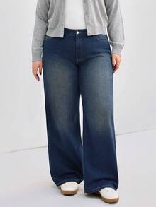 SHEIN Plus High Waist Snow Wash Wideleg Jean - Medium Wash - View 5