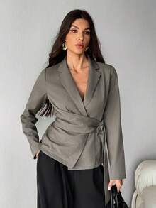 SHEIN Tall Women's Metal Decoration Brown Gray Imitation Linen Waist Suit Jacket/Fall Women Clothes/Fall Outfits Women /Fall Outfits/Back To School/Homecoming/Business Casual Woman /Old Money Style Women/Office Outfits For Women/Going Out Outfits,Fall Clothes For Women - Mocha Brown - View 9