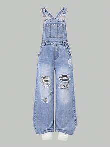 SHEIN Bộ đồ liền thân denim mềm mại thoải mái, họa tiết trái tim, cầu vồng thời trang mới cho bé gái tuổi teen - Rửa trung bình - Xem 3
