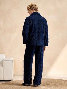 EverLounge Soft & Comfortable Jacquard Knit Loungewear Set For Men, Fluffy Winter Clothes - Navy Blue - View 2