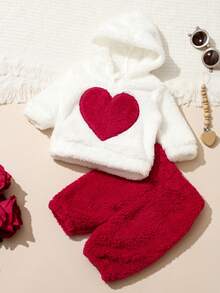 SHEIN 2件套新生女婴暖心爱心刺绣抓绒套装，包括连帽卫衣和裤子，适合秋冬季穿着 - 彩色 - 查看 5