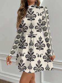Shutterstock Glamance Vintage Floral Patterned Middle Eastern Style Casual Minimalist Waist Cinched Mini Dress, Elegant Party Wear For Autumn/Winter, New Year Celebration - Multicolor - View 4