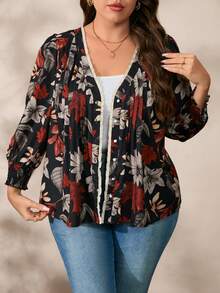 EMERY ROSE Boho Plus Size Floral Shirred V Neck Top For Women With Puff Sleeves And Regular Hem In Multicolor Woven Fabric - Multicolor - View 3