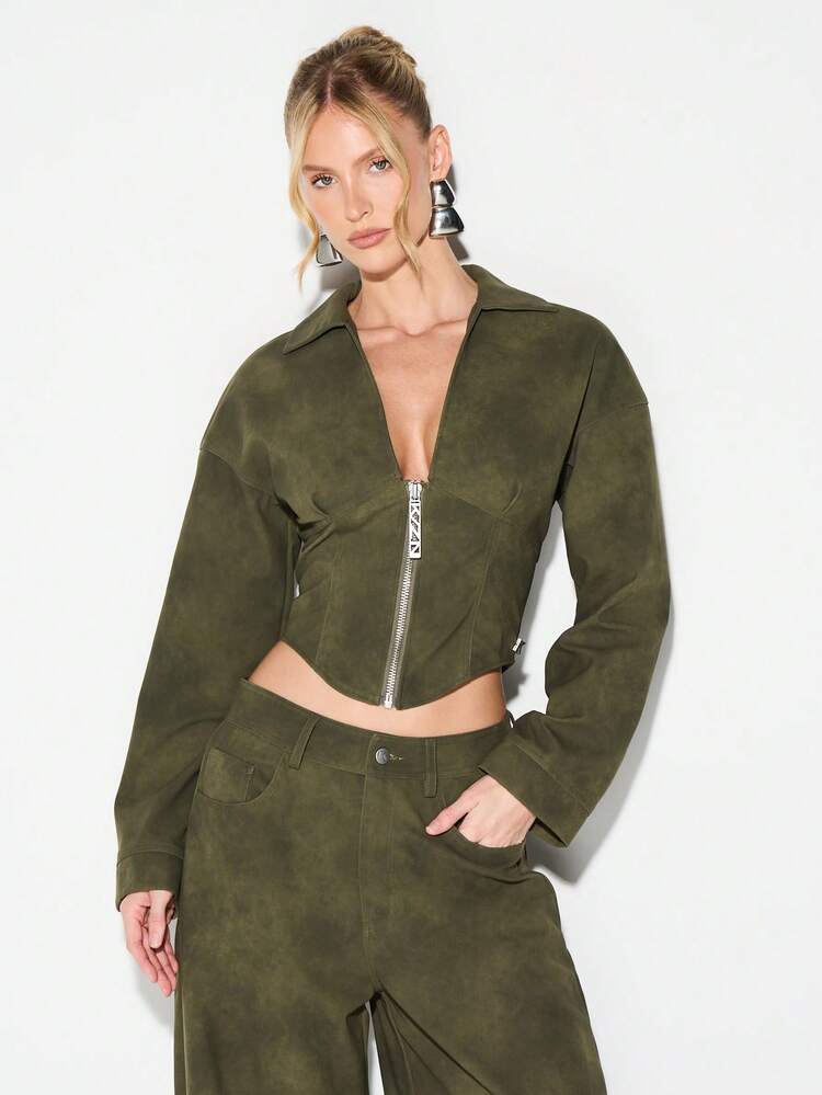 KIZN Olive Suede Zip Up Cropped Jacket With Long Sleeves And Collared Neckline Fall Winter Outerwear