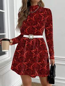 Glamance BiGraphic Mandarin Collar Raglan Sleeve Fitted Women Dress With Pentagram Pattern, Suitable For Autumn/Winter Dress With Belt Fall Dress Autumn Dress Women Dresses Red Long Sleeve Elegant Dress