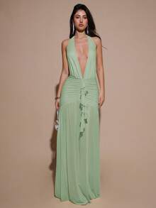 SHEIN BAE 性感简约纯色黄色奶油色深V领露背修身褶皱网纱长款连衣裙，适合派对、鸡尾酒会、正式场合、伴娘、生日、圣诞节、商务休闲等场合，优雅女装 - 薄荷綠 - 查看 3