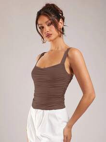 Silquee Áo hai dây nhún bèo màu trơn thanh lịch dành cho nữ, mùa hè - màu nâu - Xem 6