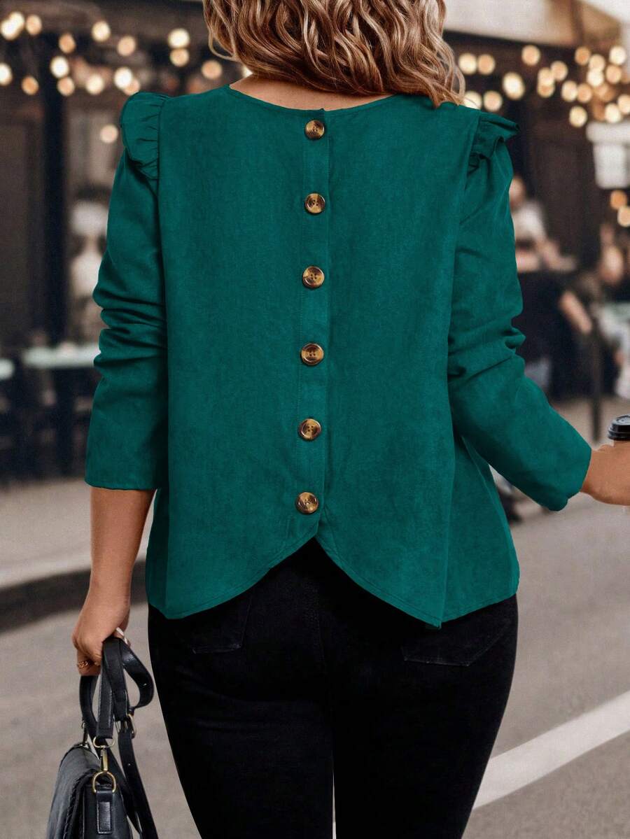 EMERY ROSE Plus Size Women's Regular Ruffle Hem Long Sleeve Shirt, Autumn/Winter - Teal Blue - View 1