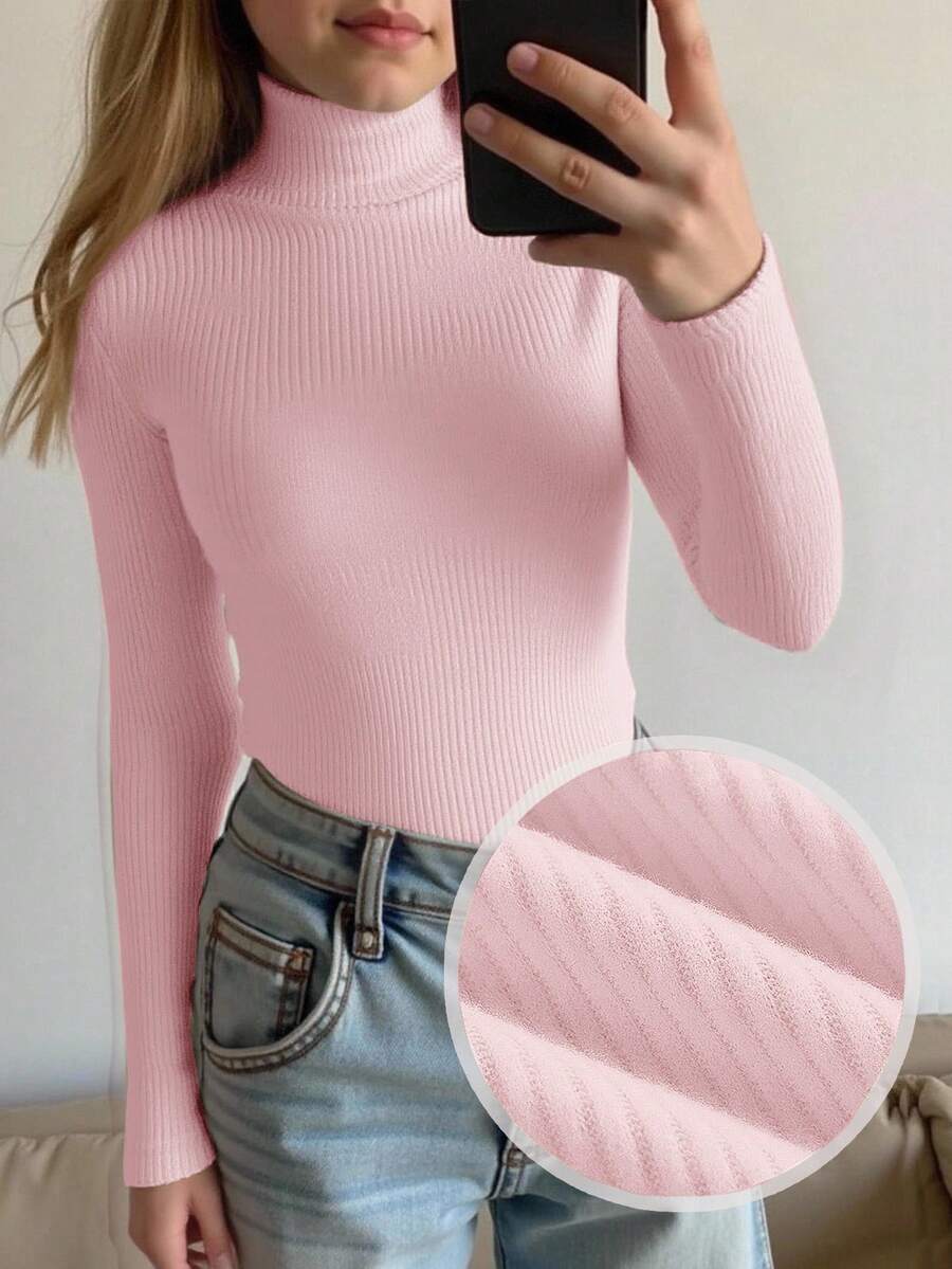 Tween Girls Solid Color Knit Turtleneck Casual Slim Fit Ribbed Pullover T-Shirt,Light Pink Winter School Versatile Layering Top Long Sleeve Ribbed Top - Pink - View 1