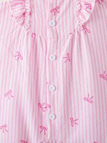 Souflis Souflis Baby Girls Toddler Vertical Striped Bow Print Square Neck Ruffle Hem Sleeveless Romper, Suitable For Spring/Summer Outings, Vacation, And Everyday Wear Toddler Girl Ruffled Jumpsuit Baby Girls Clothing Jumpsuit Baby Girl Bow Print Overall Baby Girl Striped Romper Baby Girl Ruffle Romper Baby Girls Clothing Jumpsuits Baby Girls Jumpsuits Baby Girls Bow Overalls Toddler Girl Romper - Multicolor - View 7