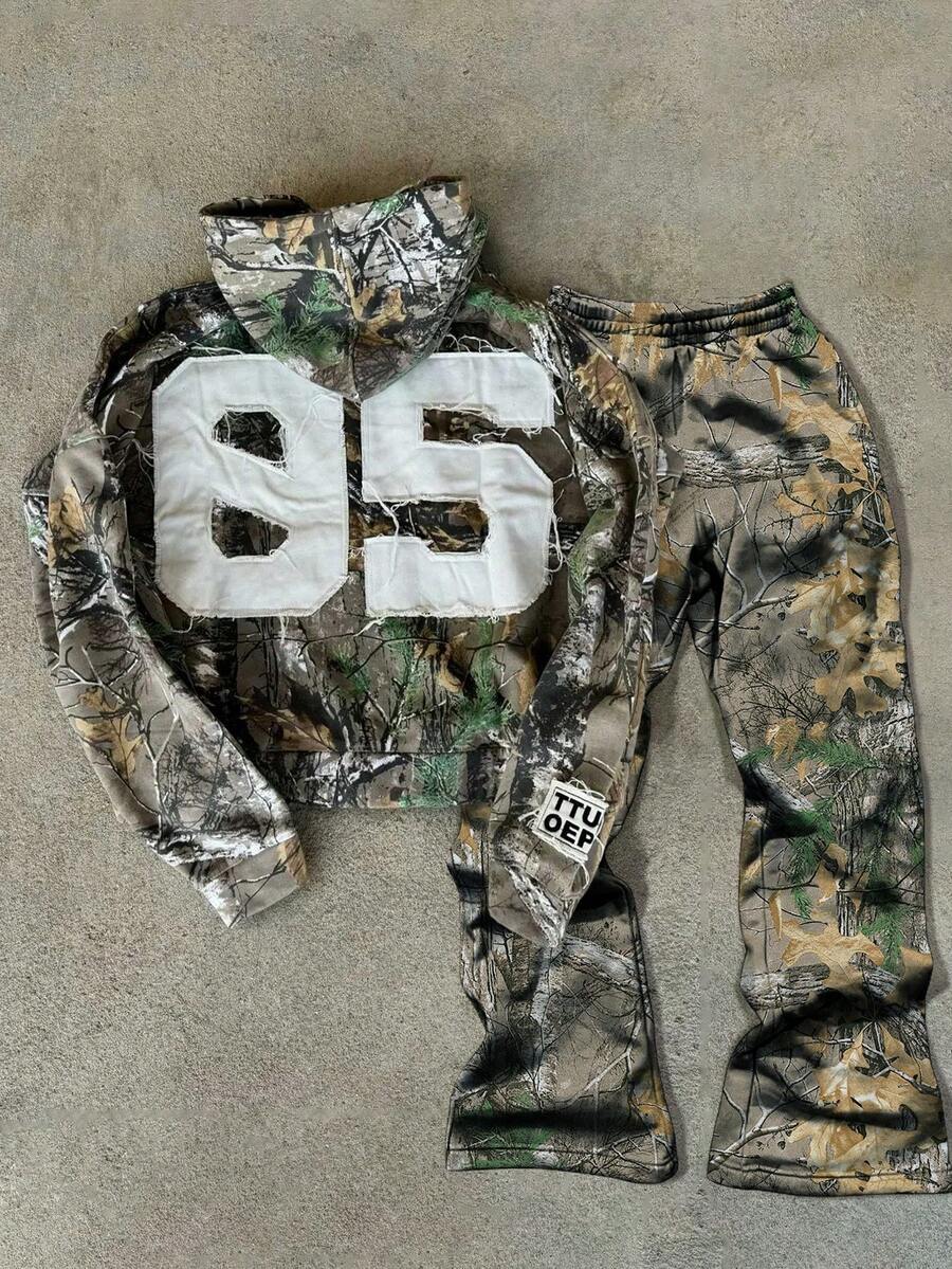 Glimmora Camo Zip-Up Hoodie And Pants Set, Streetwear Camouflage Tracksuit, Vintage American Street Dance Hooded Zip-Up Sweatshirt And Sweatpants, Casual Leaf Camo Zip-Up Hoodie Jacket And Pants, Y2K Streetwear Style, Zip-Up Hoodie Set, American Gothic Rock, Streetwear, Versatile Use - Multicolor - View 1