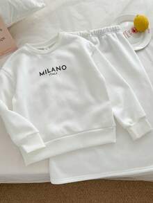 Genkimix Kids 2pcs/Set Tween Girl Letter Print Fleece Sweatshirt And Maxi Skirt , Winter Kids Outfit - White - View 4