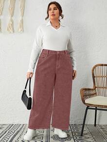 EMERY ROSE Plus Size Spring Simple Slant Pocket Loose Straight Leg Non-Stretch Jeans - Rust Brown - View 5