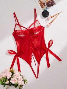 SpicyHot Music Festival Chic & Sexy Red PU Lace-Up Backless Bowknot Bodysuit For Women Bow Tie, Rave - Red - View 1