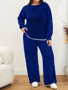 Color Block Edged Long Sleeve Sweater And Knitted Pants Two Pieces Set - Royal Blue - View 3