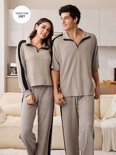 CoupledUp Men's Casual Colorblock Patchwork Half Zip Collar Short Sleeve Top And Wide Leg Pants Loungewear Set Lounge Wear Sets Sleep Wear Sets Cotton Loungewear Matching Lounge Set Couple Matching Loungewear