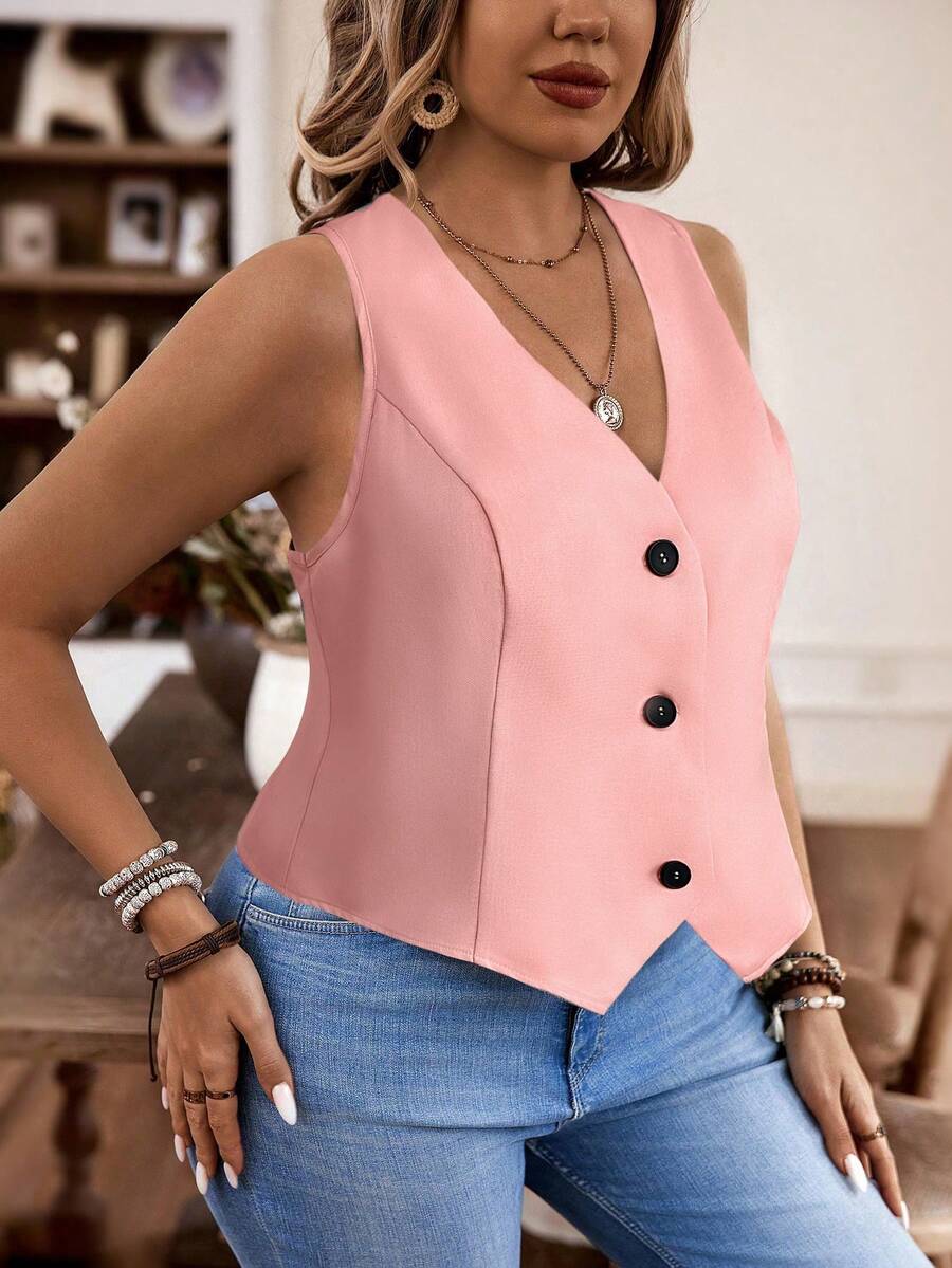 Calvaya Plus Size Solid Color V-Neck Wide Strap Casual Vest Jacket - Baby Pink - View 1