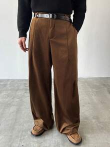 Manfinity EMRG Men's Casual Loose Pleated Cargo Pants,Coffee Brown,Autumn,Elegant,Work Streetwear Baggy Japanese Style Graphic Unisex Versatile Daily Trouser Gift - Brown - View 4