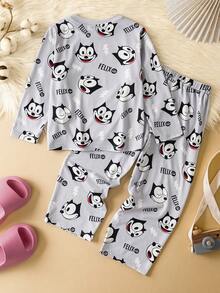 SHEIN Felix The Cat Young Boy Cartoon Pattern Cute Casual Long Sleeve T-Shirt And Pants Pajama Set - رمادي - مشاهدة 2