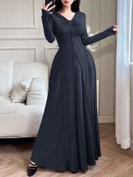 Modelyn Women's Solid Color V-Neck Long Sleeve Toothpick Stripe Design Casual Dress