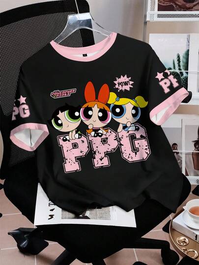 THE POWERPUFF GIRLS X SHEIN Dam Casual söt blom-, bubblor- och smörblomsmönster kortärmad t-shirt, sommar