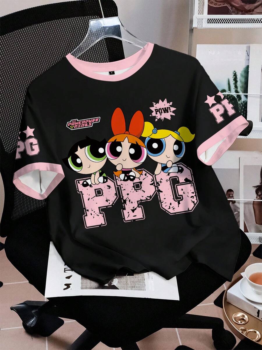 THE POWERPUFF GIRLS X SHEIN 女式休闲可爱花朵、泡泡、毛茛图案短袖 T 恤，夏季 - 白色 - 查看 1