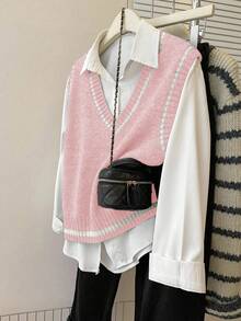 Franclia French Retro Loose V-Neck Sleeveless Contrast Trim Gray Knit Vest, Suitable For Women In Autumn/Winter - Pink - View 4
