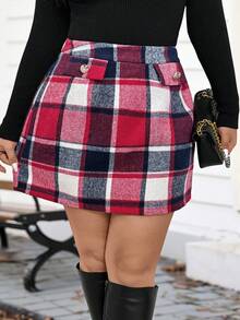 Elenzga 大码女式休闲大格纹修身短裙 - 彩色 - 查看 5