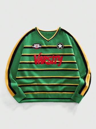 Pull tricoté à col en V avec rayures brodées pour hommes