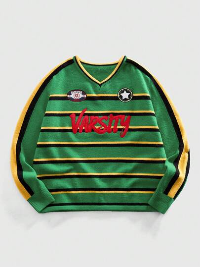 كنزة صوفية مطرزة بياقة على شكل حرف V مخطط للرجال