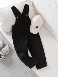 女童灯芯绒休闲纽扣口袋背带连体裤 - 黑色 - 查看 6