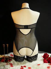 SpicyHot Plus Size Sexy Hollow Out Bodysuits PU Punk Seductive Lingerie Women - Black - View 2