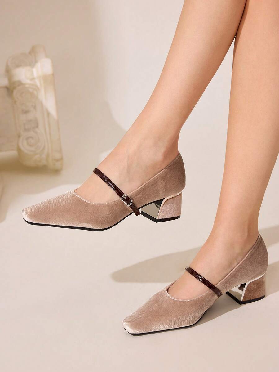 CUCCOO CHICEST Vintage Square Toe Satin Slip-On Pumps For Women For Christmas - Brown - View 1