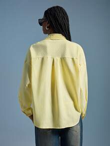 Aveloria Affinna Elegant European Style Loose Fit Drop Shoulder Striped Decorative Flap Design Comfortable Women Blouse For Commuting