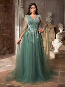 Aureia Plus Size Elegant Romantic Dark Green Deep V Luxurious Embroidered Lace Contrast Mesh Multi-Layer Maxi Dress, Long Sleeve, A-Line, Formal Evening Gown Teal