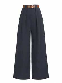 SHEIN LUNE Pantaloni dritti con pieghe semplici, serie TALL per taglie forti, adatti per l'uso quotidiano - Grigio - Visualizzare 3