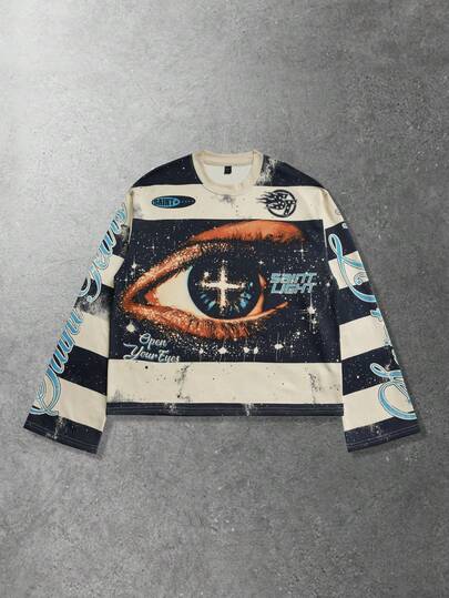 Camiseta de cuello redondo casual con estampado, top de manga larga a juego de estilo callejero para parejas, primavera/otoño