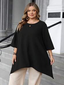 SHEIN CURVE+ 大码女式纯色圆领七分袖口袋宽松衬衫/2026/新年 - 黑色 - 查看 5