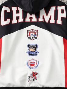 SHEIN 男童字母印花正面图案后背连帽卫衣搭配休闲运动裤套装，时尚户外运动及日常穿着之选