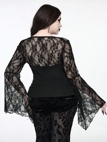ROMWE EDITION Christmas Gothic Cross Lace Patchwork Square Neck Flare Sleeve Women Top - Black - View 3