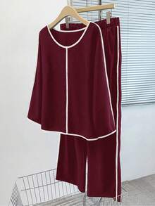 EMERY ROSE Plus Size Women's Contrast Color Trim Long Sleeve 2 Pieces Set,Burgundy Autumn Smart Casual Everyday Comfy Lounge Pajama Two Piece Set Co Ords - Burgundy - View 1