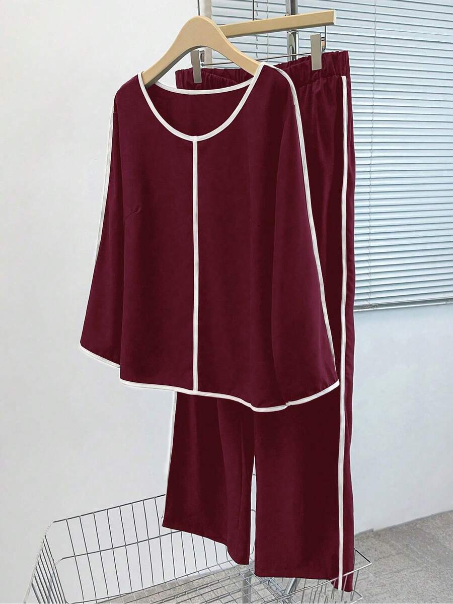 EMERY ROSE Plus Size Women's Contrast Color Trim Long Sleeve 2 Pieces Set,Burgundy Autumn Smart Casual Everyday Comfy Lounge Pajama Two Piece Set Co Ords - Burgundy - View 1