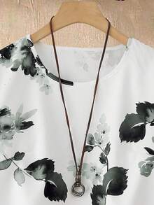 SHEIN LUNE 2件套女士碎花圆领短袖上衣和裤子，新年休闲装 - 黑色 - 查看 7