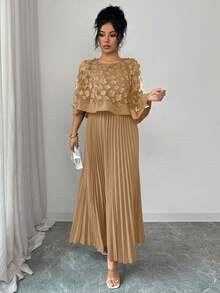 Elenzga Women's Elegant Floral Decor Pleated Hem Dress, Suitable For Wedding, Birthday Party, And Other Occasions, Autumn