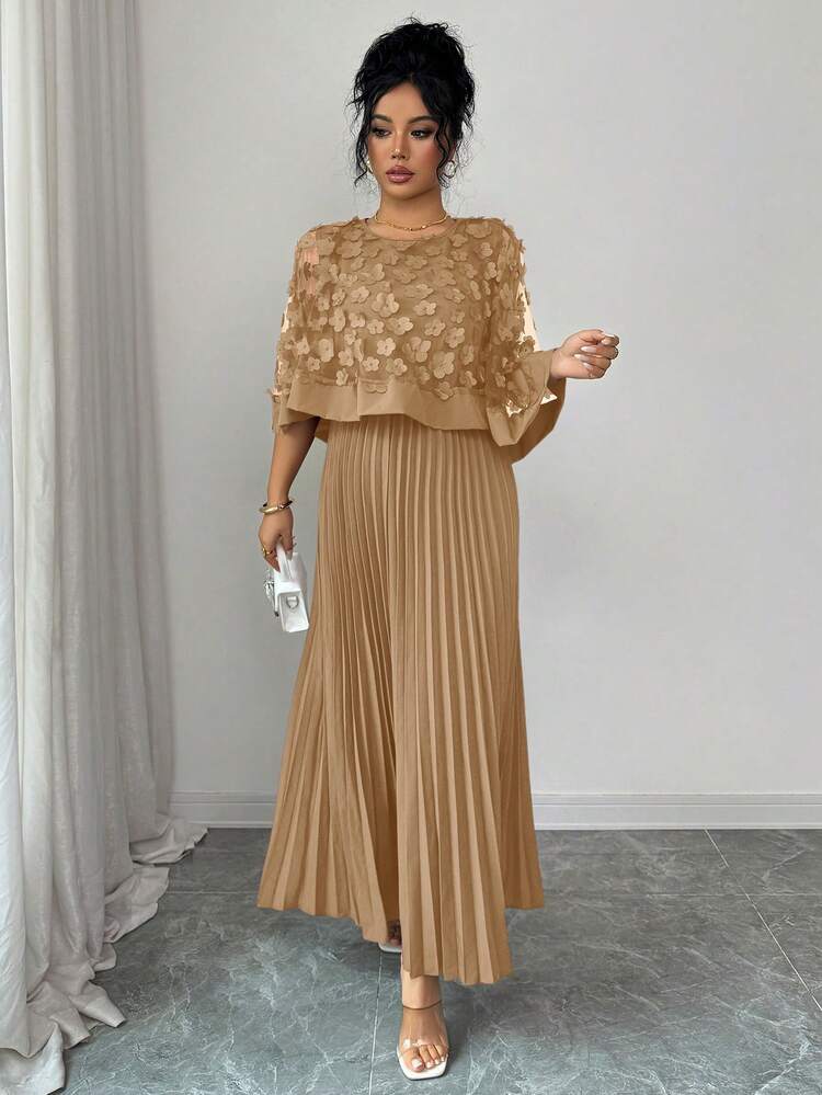 Elenzga Vestido con decoración floral elegante y bajo plisado, adecuado para bodas, fiestas de cumpleaños y otras ocasiones, otoño - Caqui - Añade 3