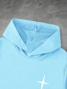 PAVTROS Bộ 2 áo hoodie và quần nỉ in chữ và hình mặt cho nam, thích hợp mặc trong nhà và ngoài trời, trang phục mùa thu - Màu xanh nhạt - Xem 3