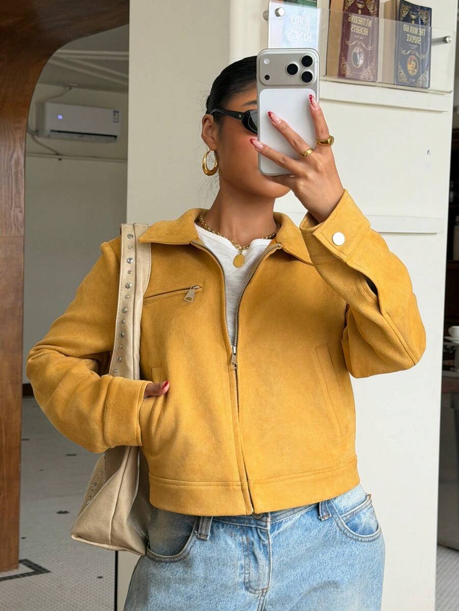 Muchica Women's Regular Fit Faux Suede Jacket - Mustard Yellow - View 1