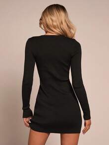 SHEIN Glamour Váy len bó sát tay dài thanh lịch, váy len trang trí kim loại rỗng màu đen thanh lịch - màu đen - Xem 2