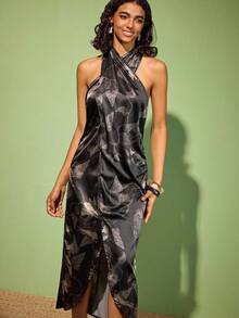 Felipe Marques Blume Muster Lässig Elegant Würdevoll Sexy Rückenfreies Maxikleid mit hohem Schlitz für Frauen, geeignet für täglichen Ausgang, Reisen, Urlaub, Date, Party, Weihnachten, Herbst/Winter