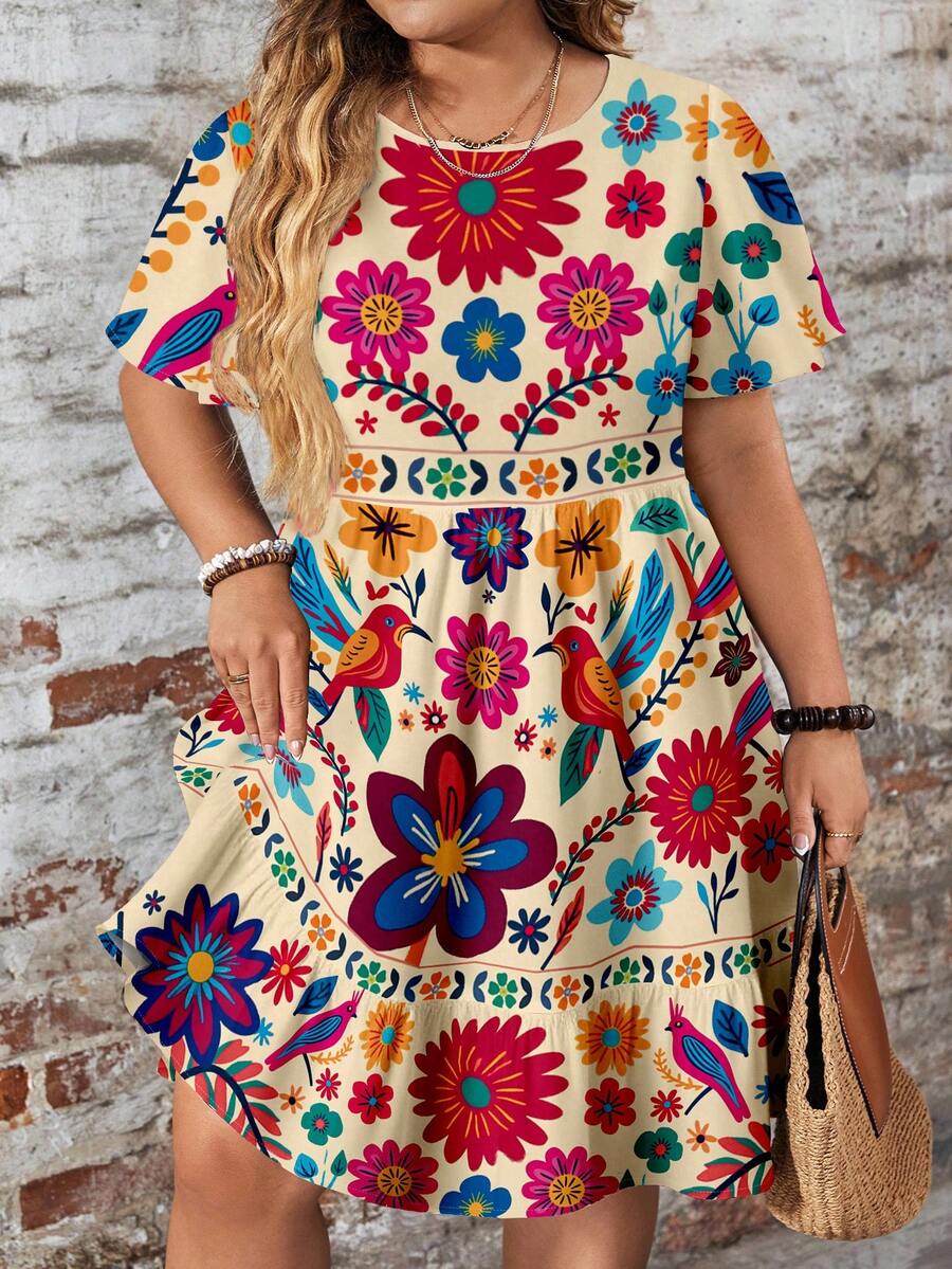 Mellowie 音乐节休闲简约花卉印花宽松圆领短袖大码连衣裙，适合春夏季
